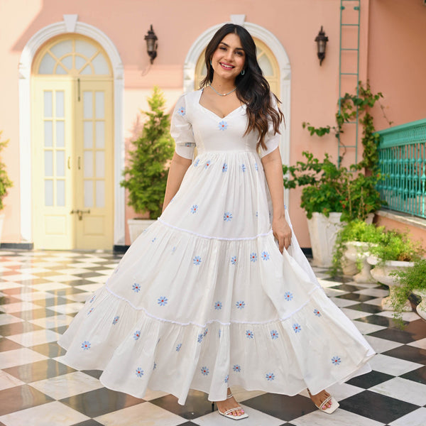 Malishka Women's White Cotton Rayon Embroidered Fully Stitched Anarkali Gown - Distacart