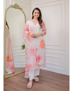 Thumbnail for Malishka Women's White Organza Embroidered Straight Kurta Pant With Dupatta - Distacart