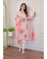 Thumbnail for Malishka Women's White Organza Embroidered Straight Kurta Pant With Dupatta - Distacart