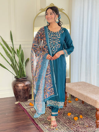 Malishka Women's Rama Chanderi Silk Embroidered Straight Kurta Pant With Dupatta