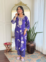 Thumbnail for Malishka Women's Blue Muslin Embroidered Straight Kurta With Pant