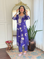 Thumbnail for Malishka Women's Blue Muslin Embroidered Straight Kurta With Pant