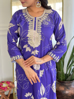Thumbnail for Malishka Women's Blue Muslin Embroidered Straight Kurta With Pant