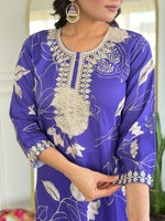 Thumbnail for Malishka Women's Blue Muslin Embroidered Straight Kurta With Pant