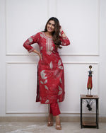 Thumbnail for Malishka Women's Maroon Muslin Embroidered Straight Kurta With Pant