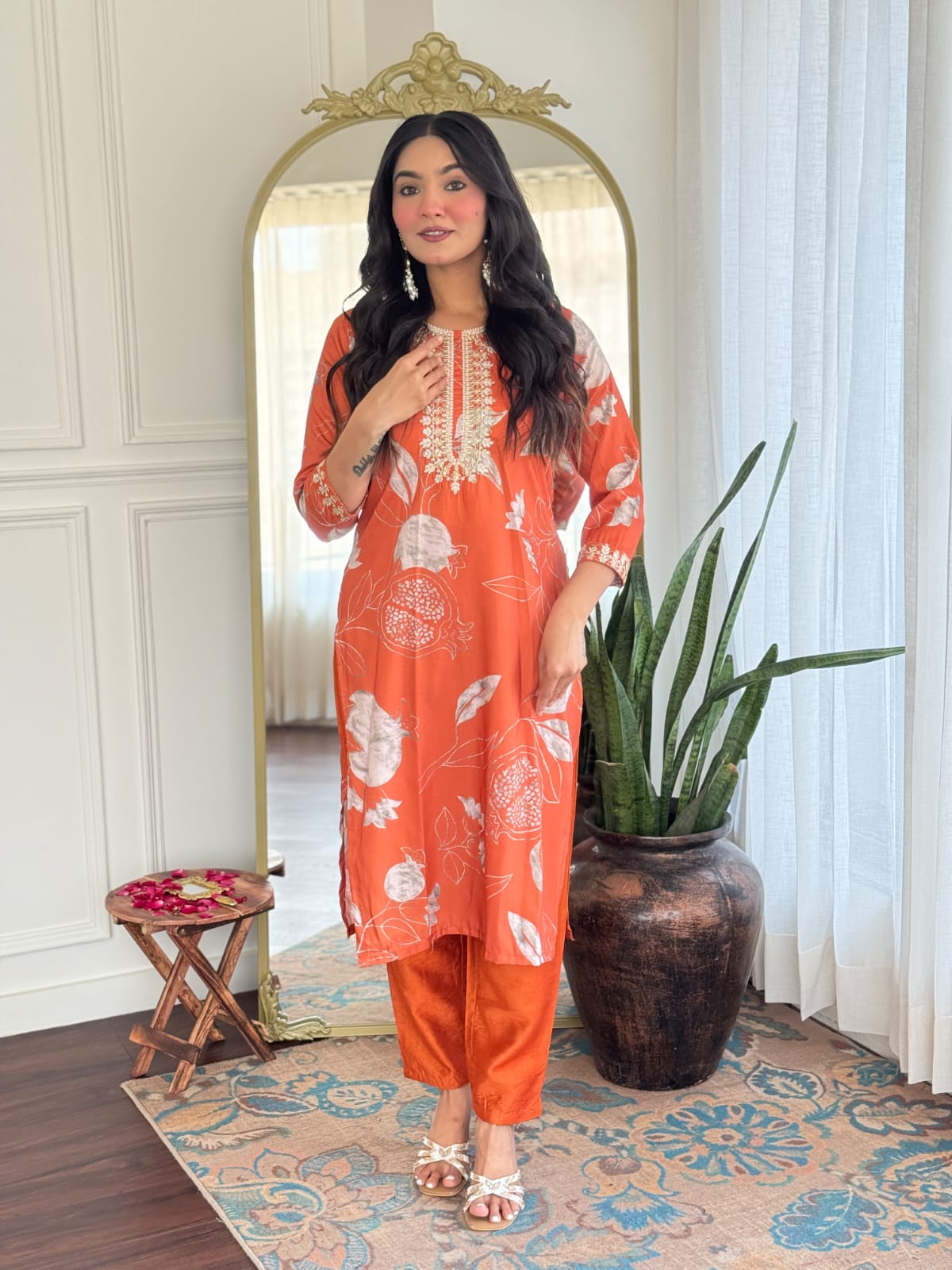 Malishka Women's Orange Muslin Embroidered Straight Kurta With Pant