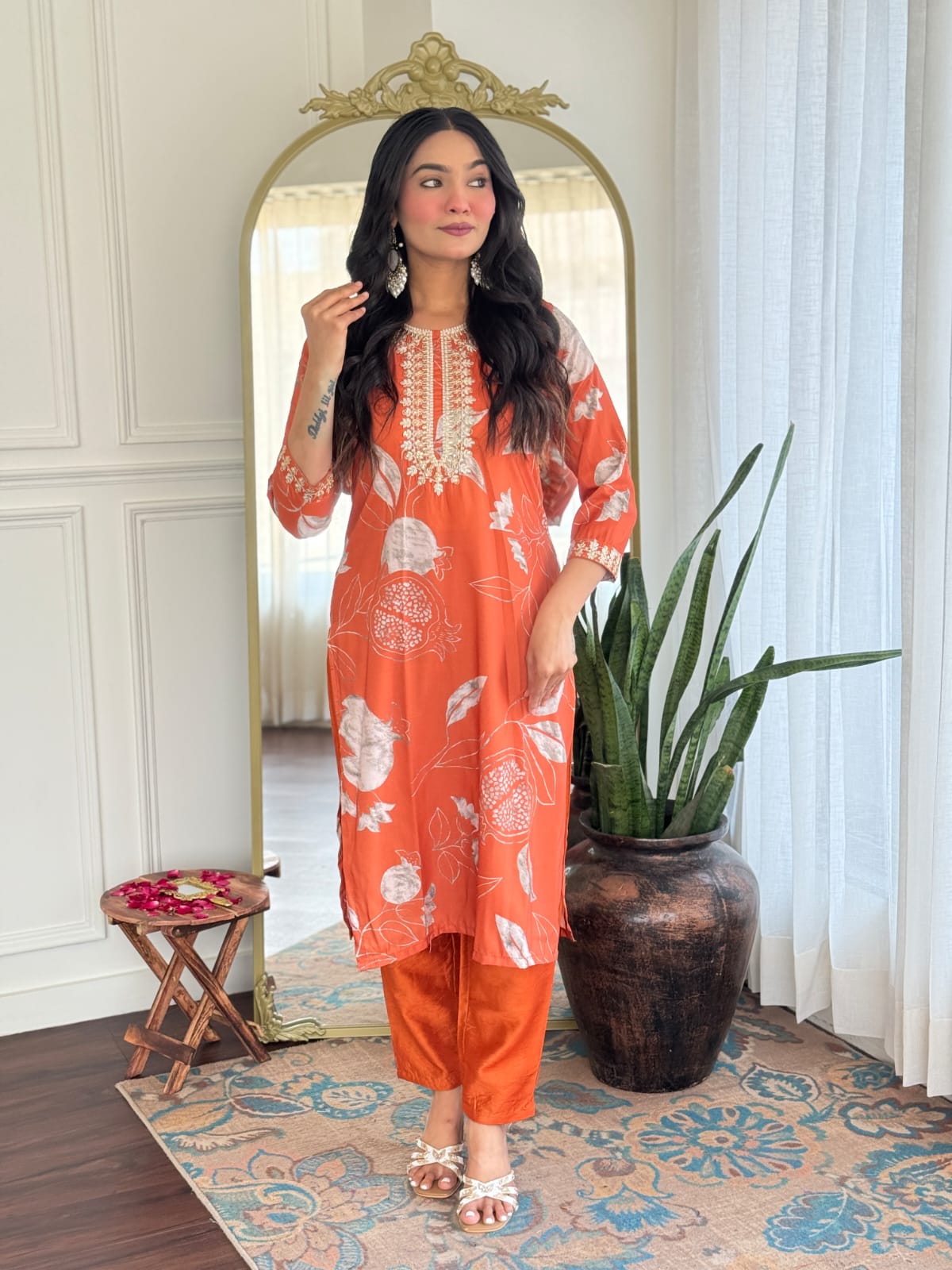 Malishka Women's Orange Muslin Embroidered Straight Kurta With Pant