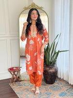 Thumbnail for Malishka Women's Orange Muslin Embroidered Straight Kurta With Pant