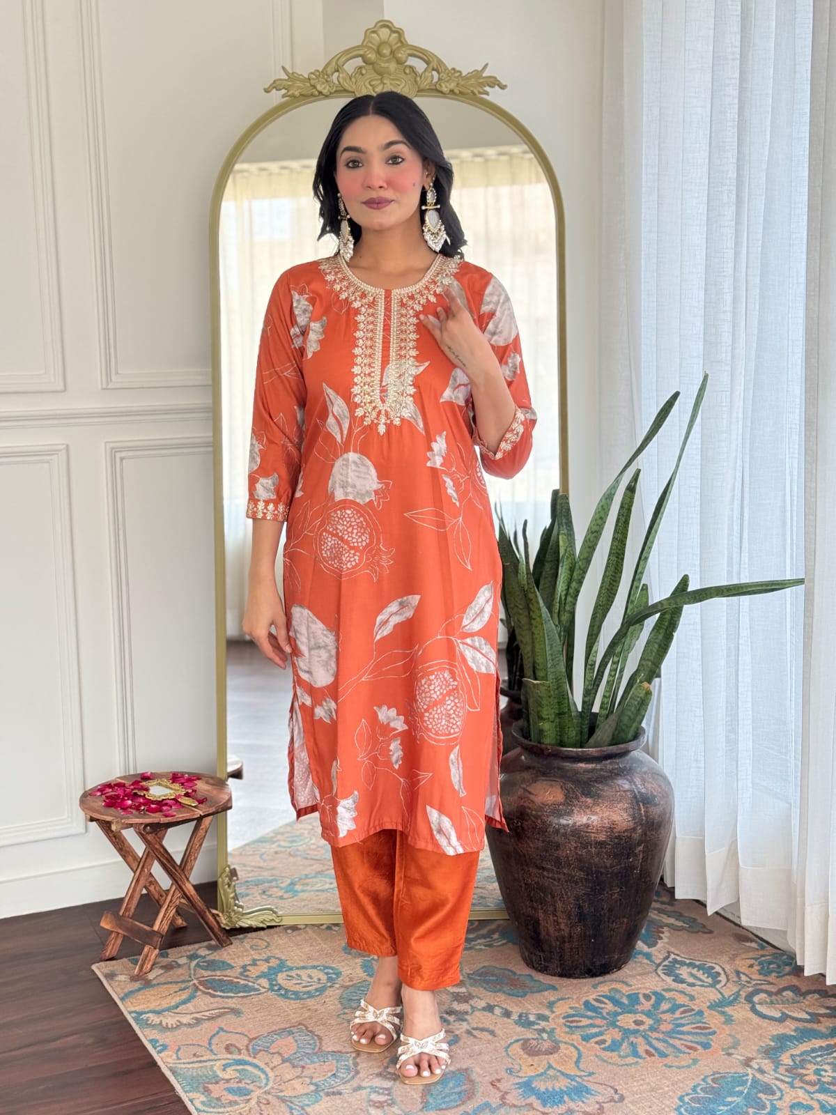 Malishka Women's Orange Muslin Embroidered Straight Kurta With Pant