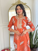 Thumbnail for Malishka Women's Orange Muslin Embroidered Straight Kurta With Pant