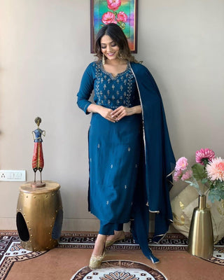 Malishka Women's Blue Rayon Slub Embroidered Straight Kurta Pant With Dupatta - Distacart