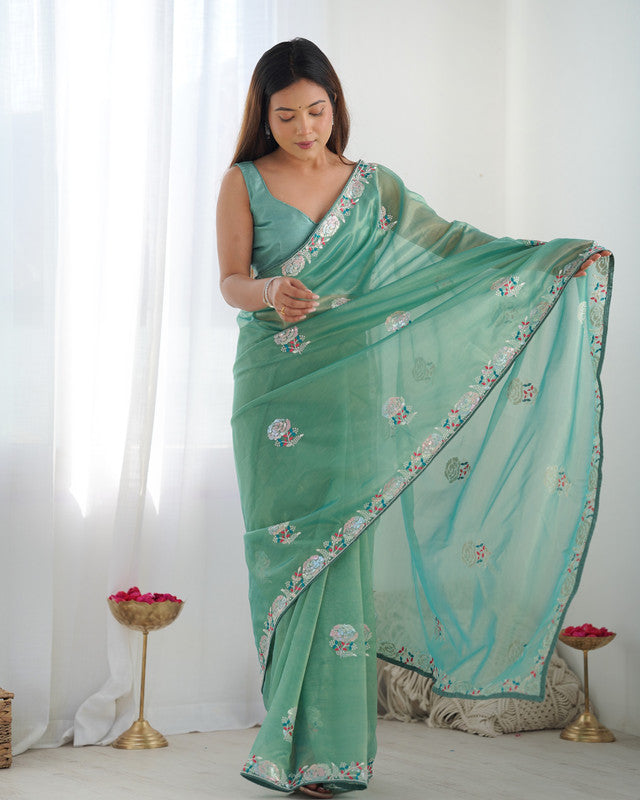 NOZ2TOZ Sequence Twills Net Green Saree With Unstitched Blouse Piece - Distacart