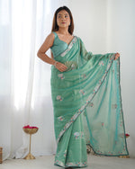 Thumbnail for NOZ2TOZ Sequence Twills Net Green Saree With Unstitched Blouse Piece - Distacart