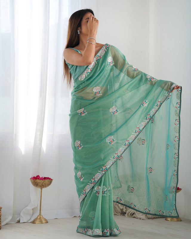 NOZ2TOZ Sequence Twills Net Green Saree With Unstitched Blouse Piece - Distacart