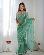 Thumbnail for NOZ2TOZ Sequence Twills Net Green Saree With Unstitched Blouse Piece - Distacart