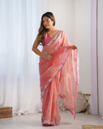 Thumbnail for NOZ2TOZ Sequence Twills Net Peach Saree With Unstitched Blouse Piece - Distacart