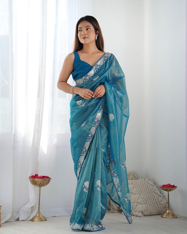 NOZ2TOZ Sequence Twills Net Petrol Saree With Unstitched Blouse Piece - Distacart