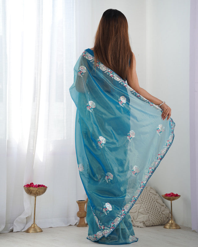 NOZ2TOZ Sequence Twills Net Petrol Saree With Unstitched Blouse Piece - Distacart