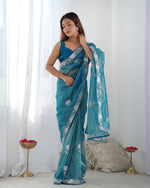 Thumbnail for NOZ2TOZ Sequence Twills Net Petrol Saree With Unstitched Blouse Piece - Distacart