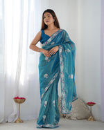 Thumbnail for NOZ2TOZ Sequence Twills Net Petrol Saree With Unstitched Blouse Piece - Distacart