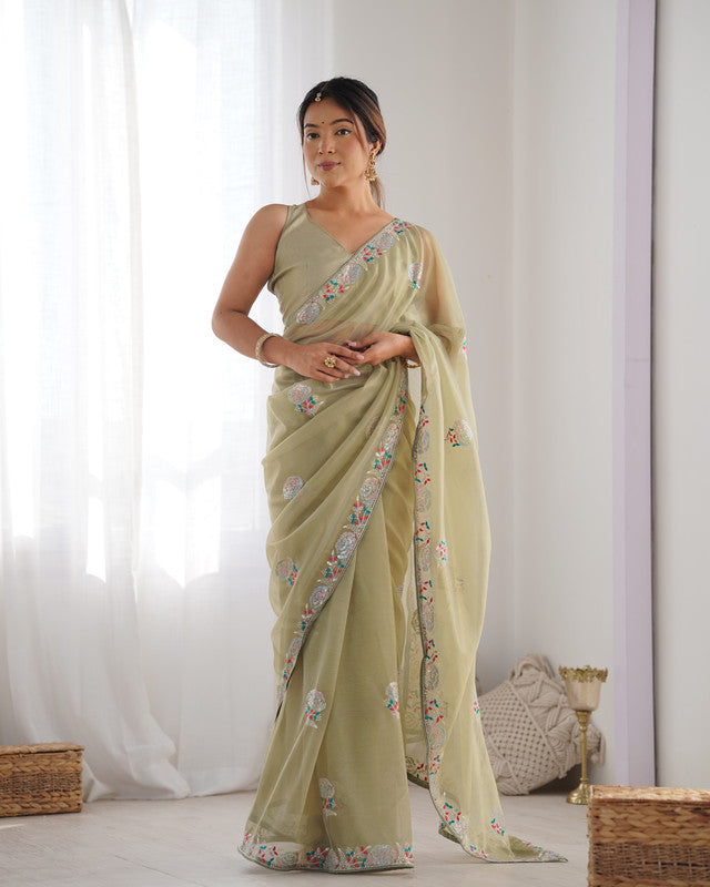 NOZ2TOZ Sequence Twills Net Pista Saree With Unstitched Blouse Piece - Distacart