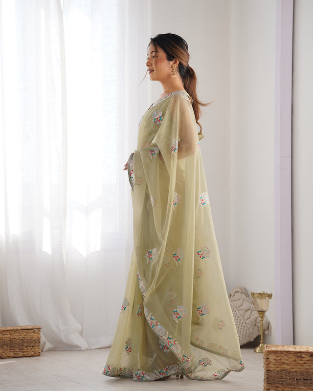 NOZ2TOZ Sequence Twills Net Pista Saree With Unstitched Blouse Piece - Distacart
