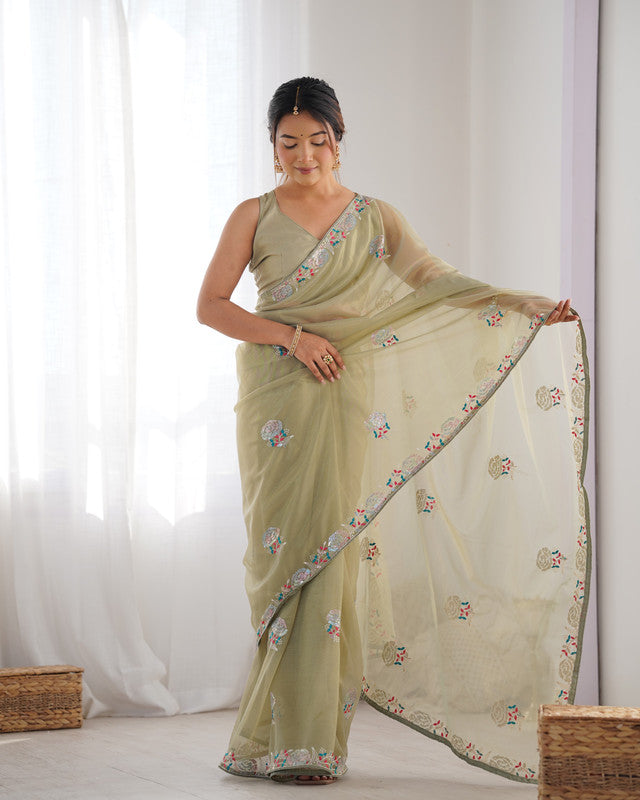 NOZ2TOZ Sequence Twills Net Pista Saree With Unstitched Blouse Piece - Distacart