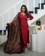 Thumbnail for Malishka Women's Red Viscose Rayon Embroidered Straight Kurta Pant With Dupatta
