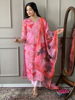 Thumbnail for Malishka Women's Pink Viscose Chanderi Embroidered Straight Kurta Pant With Dupatta - Distacart