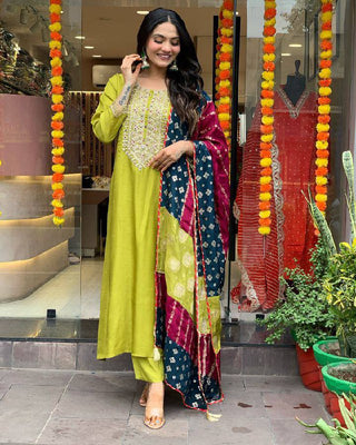 Malishka Women's Lemon Viscose Chanderi Embroidered Straight Kurta Pant With Dupatta - Distacart