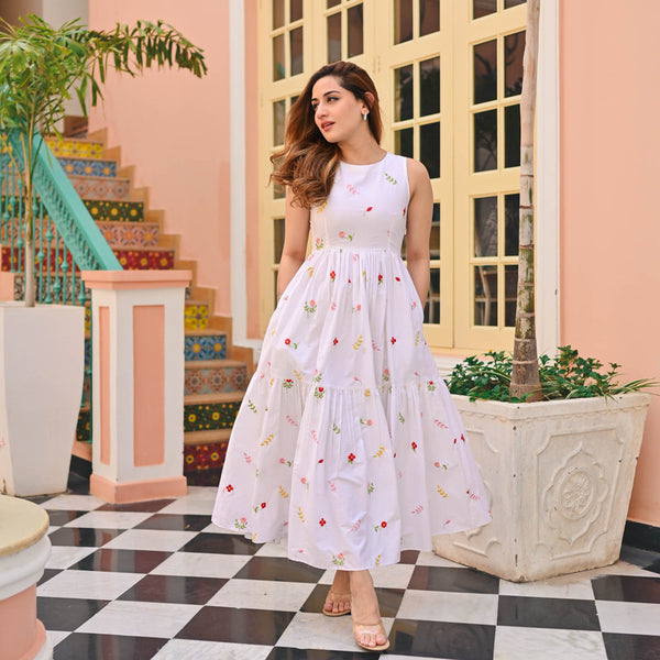 Malishka Women's White Fully Stitched Cotton Embroidered Flared Gown - Distacart