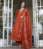 Thumbnail for Malishka Women's Orange Rayon Embroidered Flared Kurta Pant With Dupatta