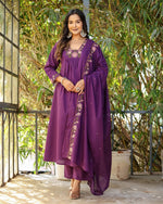 Thumbnail for Malishka Women's Purple Rayon Embroidered Flared Kurta Pant With Dupatta