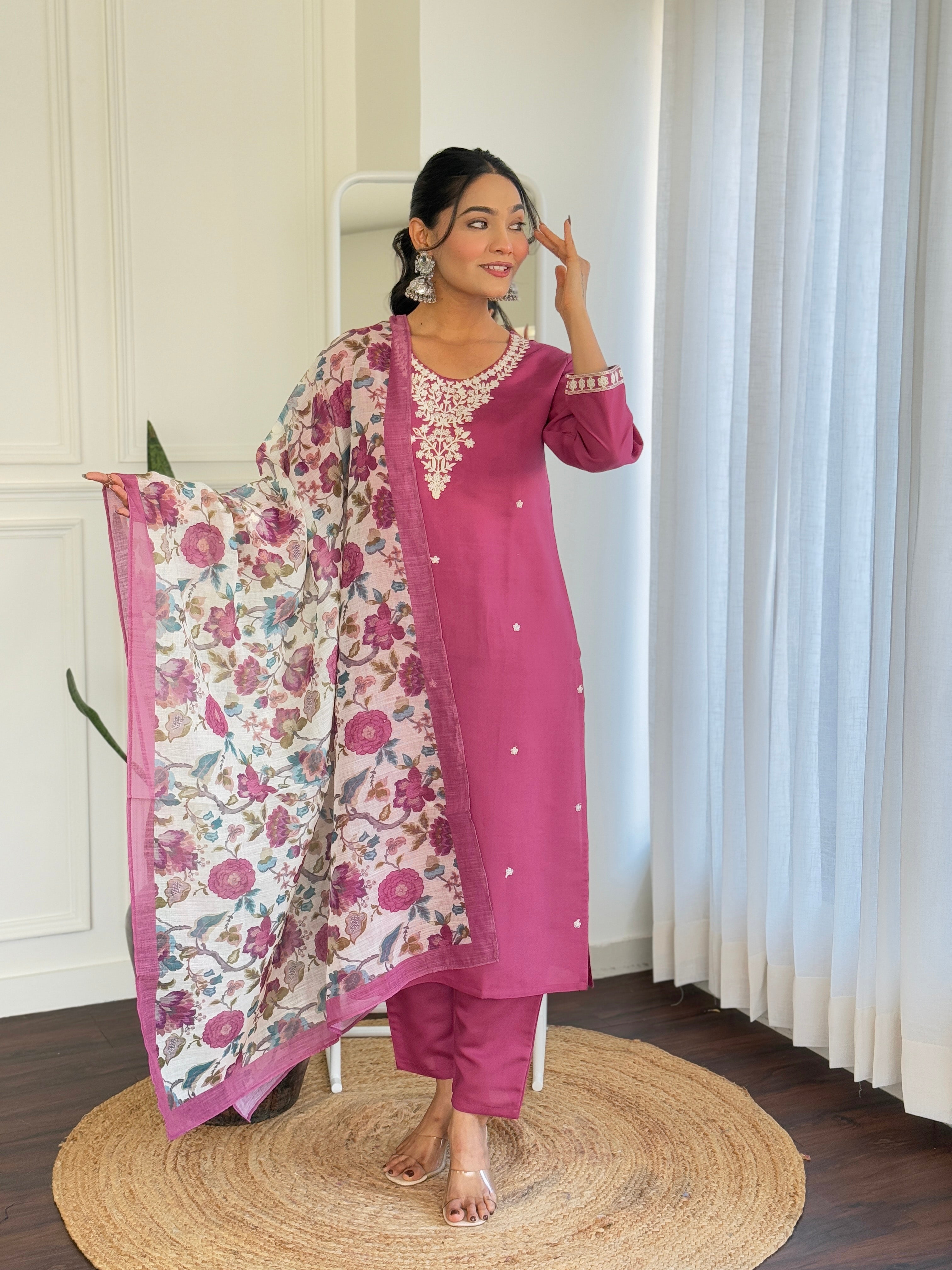 Malishka Women's Pink Chanderi Silk Embroidered Straight Kurta Pant With Dupatta