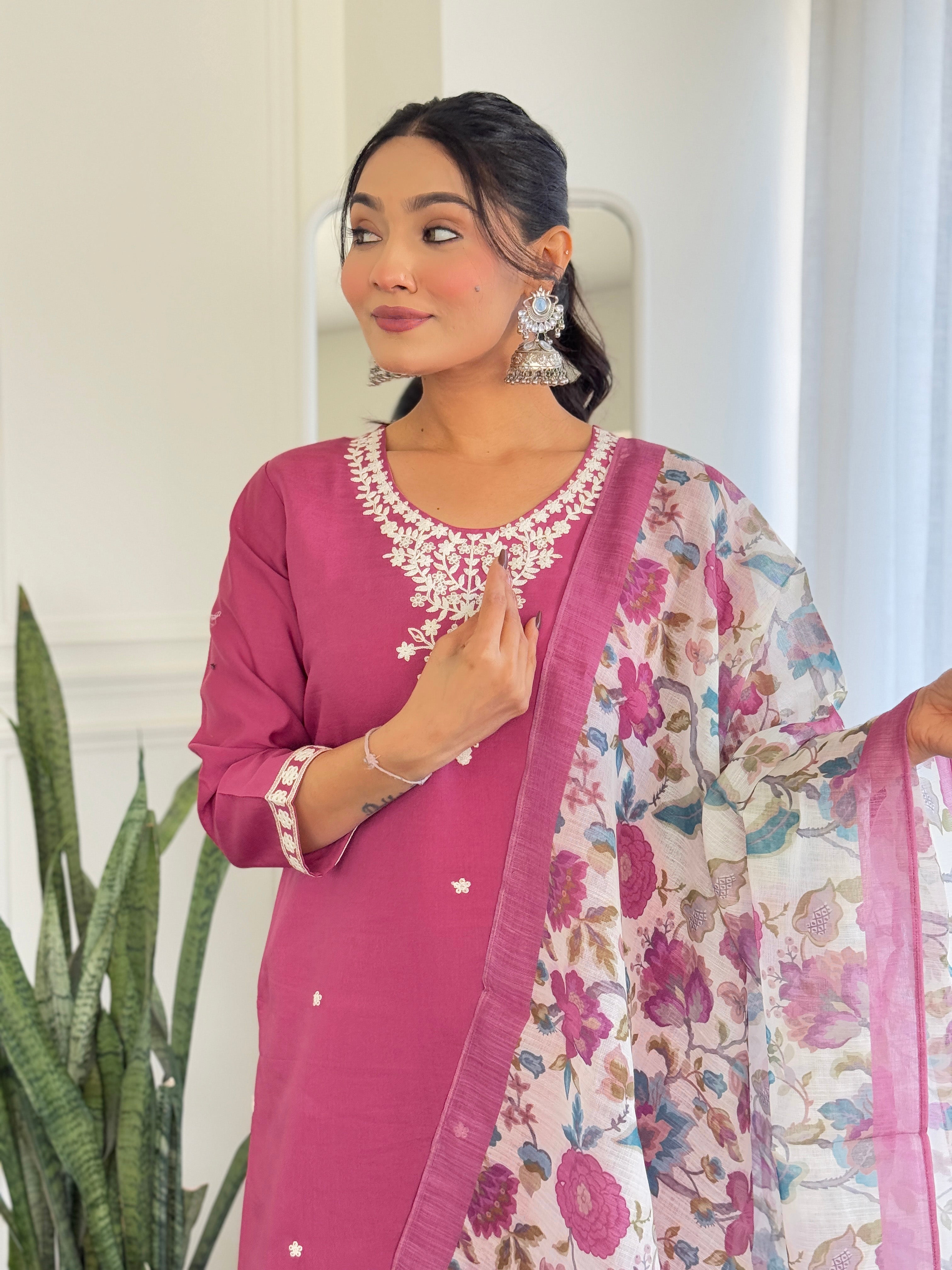 Malishka Women's Pink Chanderi Silk Embroidered Straight Kurta Pant With Dupatta