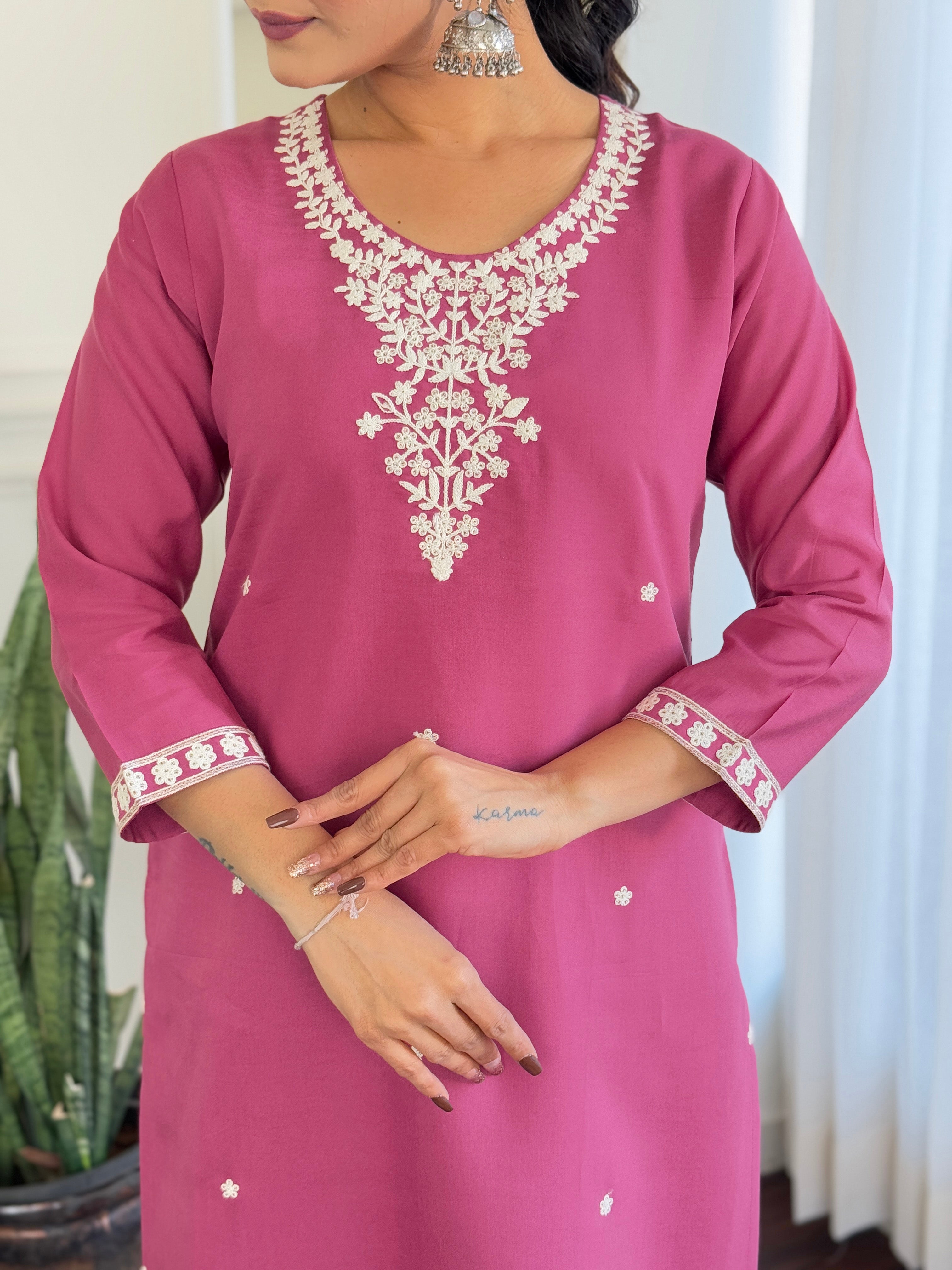 Malishka Women's Pink Chanderi Silk Embroidered Straight Kurta Pant With Dupatta