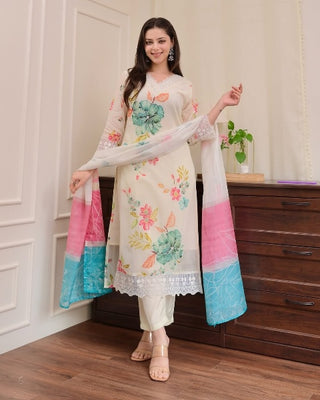 Malishka Women's Cream Nylon Taby Embroidered Straight Kurta Pant With Dupatta