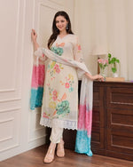 Thumbnail for Malishka Women's Cream Nylon Taby Embroidered Straight Kurta Pant With Dupatta