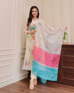 Thumbnail for Malishka Women's Cream Nylon Taby Embroidered Straight Kurta Pant With Dupatta