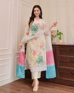Thumbnail for Malishka Women's Cream Nylon Taby Embroidered Straight Kurta Pant With Dupatta