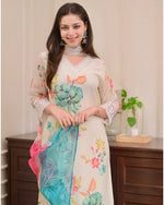 Thumbnail for Malishka Women's Cream Nylon Taby Embroidered Straight Kurta Pant With Dupatta