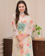 Thumbnail for Malishka Women's Cream Nylon Taby Embroidered Straight Kurta Pant With Dupatta