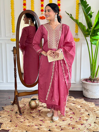 Malishka Women's Peach Viscose Chanderi Embroidered Straight Kurta Pant With Dupatta - Distacart