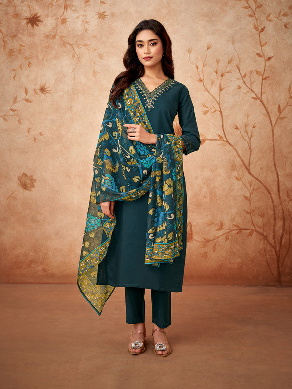 Malishka Women's Petrol Blue Viscose Chanderi Embroidered Straight Kurta Pant With Dupatta - Distacart