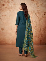 Thumbnail for Malishka Women's Petrol Blue Viscose Chanderi Embroidered Straight Kurta Pant With Dupatta - Distacart
