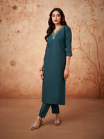 Thumbnail for Malishka Women's Petrol Blue Viscose Chanderi Embroidered Straight Kurta Pant With Dupatta - Distacart
