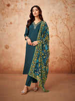 Thumbnail for Malishka Women's Petrol Blue Viscose Chanderi Embroidered Straight Kurta Pant With Dupatta - Distacart