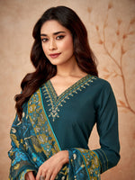Thumbnail for Malishka Women's Petrol Blue Viscose Chanderi Embroidered Straight Kurta Pant With Dupatta - Distacart