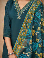 Thumbnail for Malishka Women's Petrol Blue Viscose Chanderi Embroidered Straight Kurta Pant With Dupatta - Distacart
