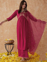 Thumbnail for Malishka Women's Pink Vichitra Silk Embroidered Straight Kurta Pant With Dupatta - Distacart